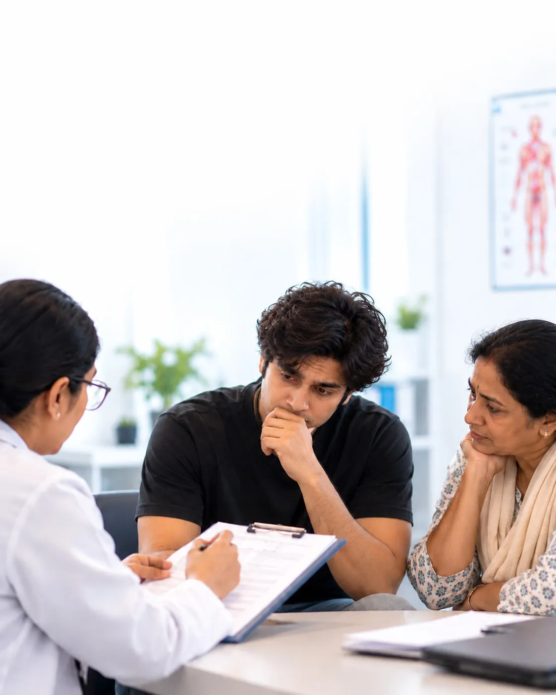 A mother and her son listening to a specialist explain the options