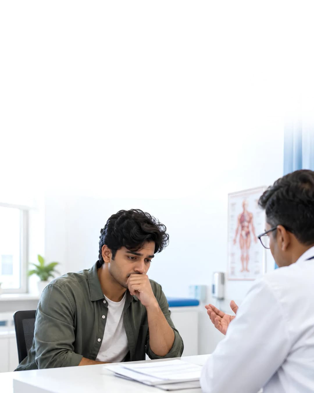 A specialist explaining a diagnosis to a patient in the clinic